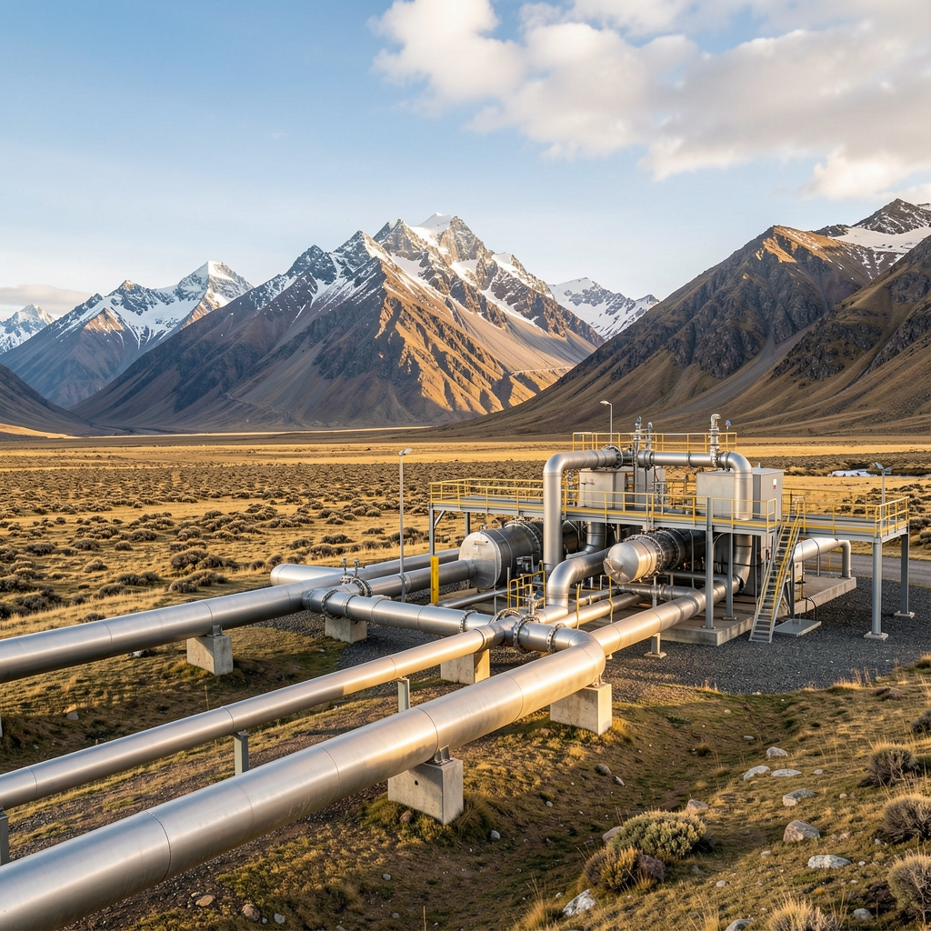 Gasoducto y estación de compresión en paisaje patagónico argentino sin personas